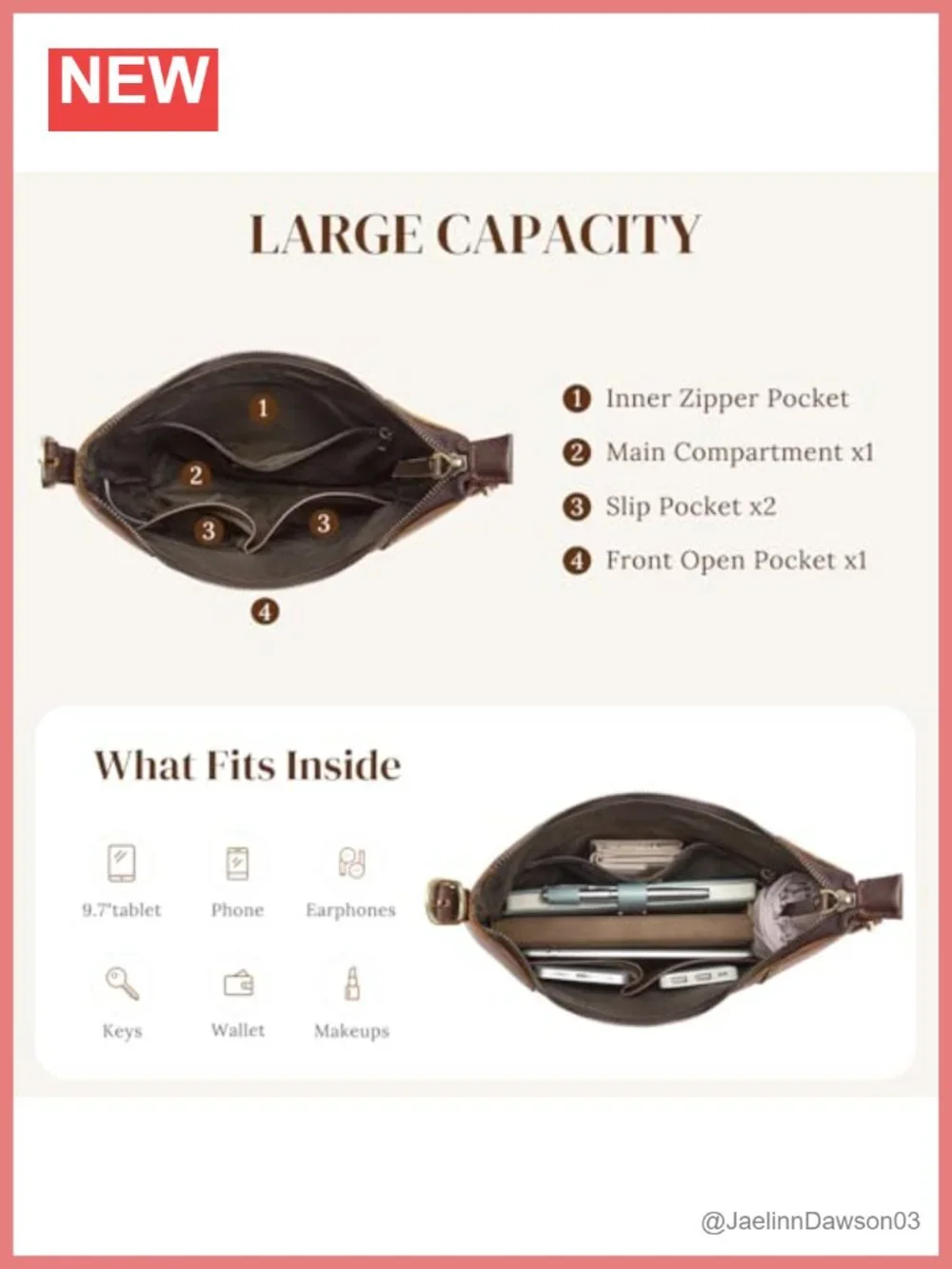 Genuine Leather Hobo Handbag with Rose Pattern Adjustable Strap